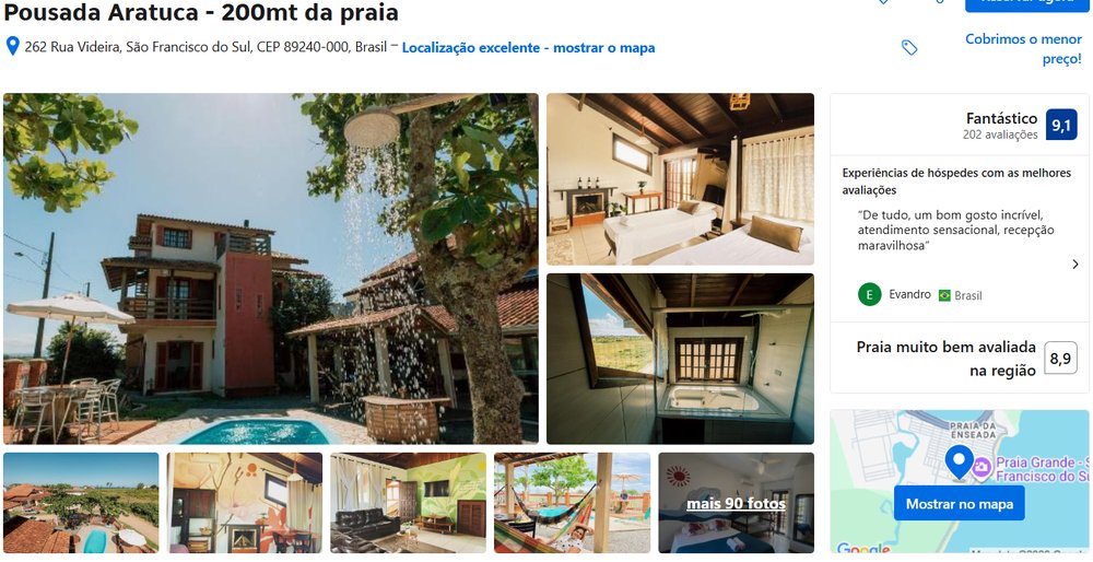 Perfil da Pousada Aratuca no Booking, nota 9,1