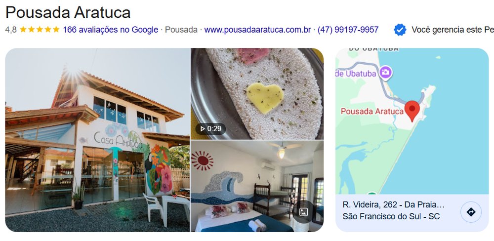 Perfil da Pousada Aratuca no Google, nota 4,8